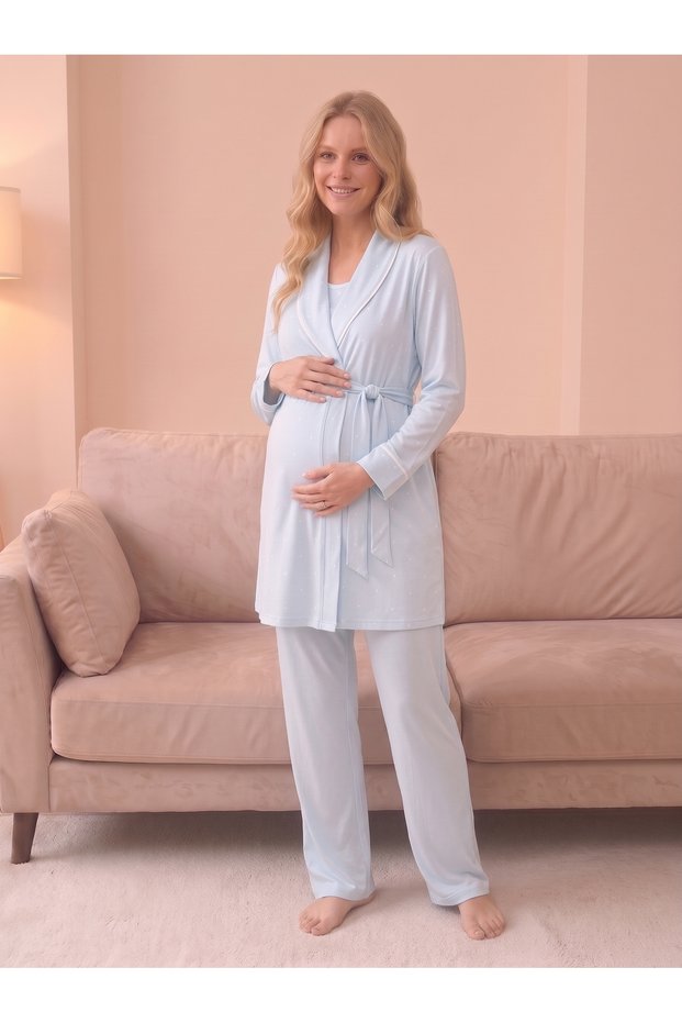 Polka Dot Belted Robe 3-Piece Postpartum & Maternity Pajama Set