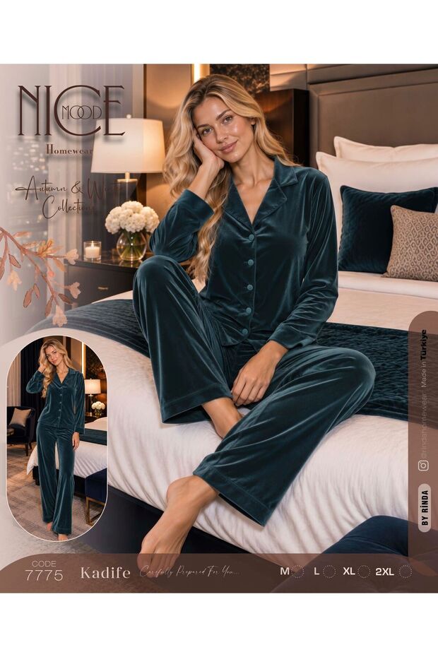 Women's Long-Sleeved, Full-Length, Button-Up, Soft-Textured Velvet Pajama Set