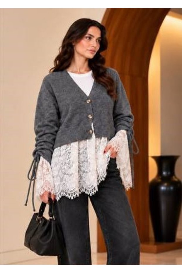 Knit Cardigan with Ruched Sleeves and Lace Details