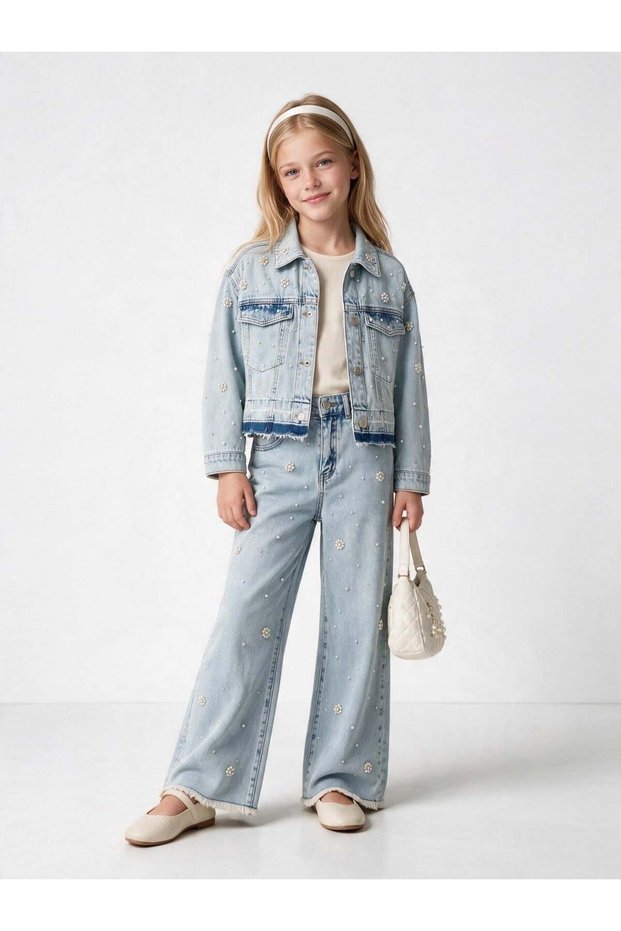Girls' Wide-Leg Denim Pants with Pearl and Flower Embroidery