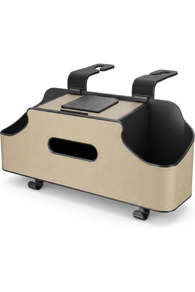 Car Seat Back Organizer, with Cup Holders, Tissue Box & Hooks, Beige