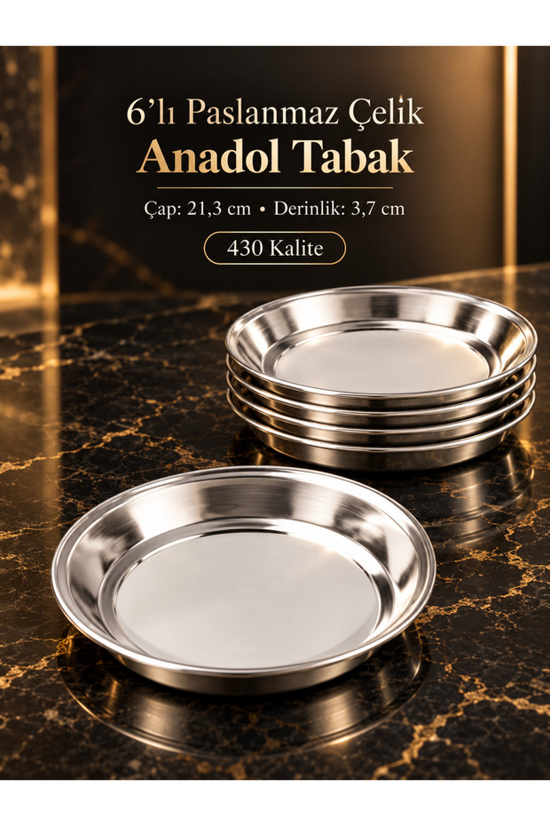 Set of 6 Anadol Stainless Steel Plates, 21.3 cm, Grade 430, Round Serving Plates