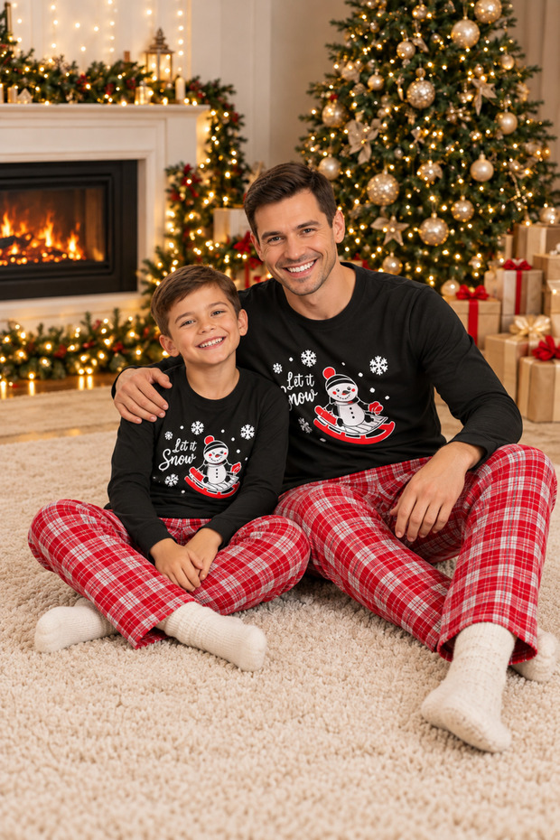 New Year's-Themed Family Pajama Set in Knit Fabric: Father and Son