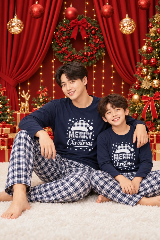 New Year's-Themed Family Pajama Set in Knit Fabric: Father and Son