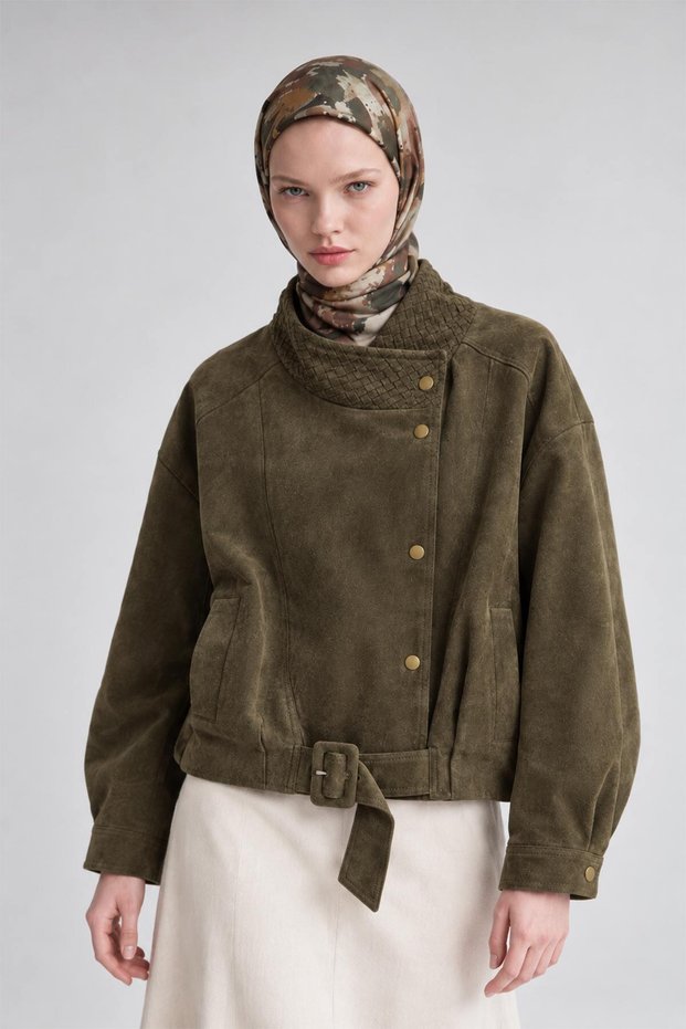 Dark Green Suede Bomber Jacket