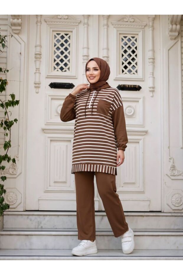 striped hooded Top Bottom Set