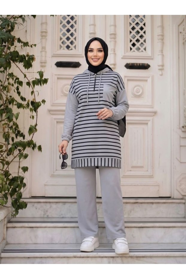 striped hooded Top Bottom Set