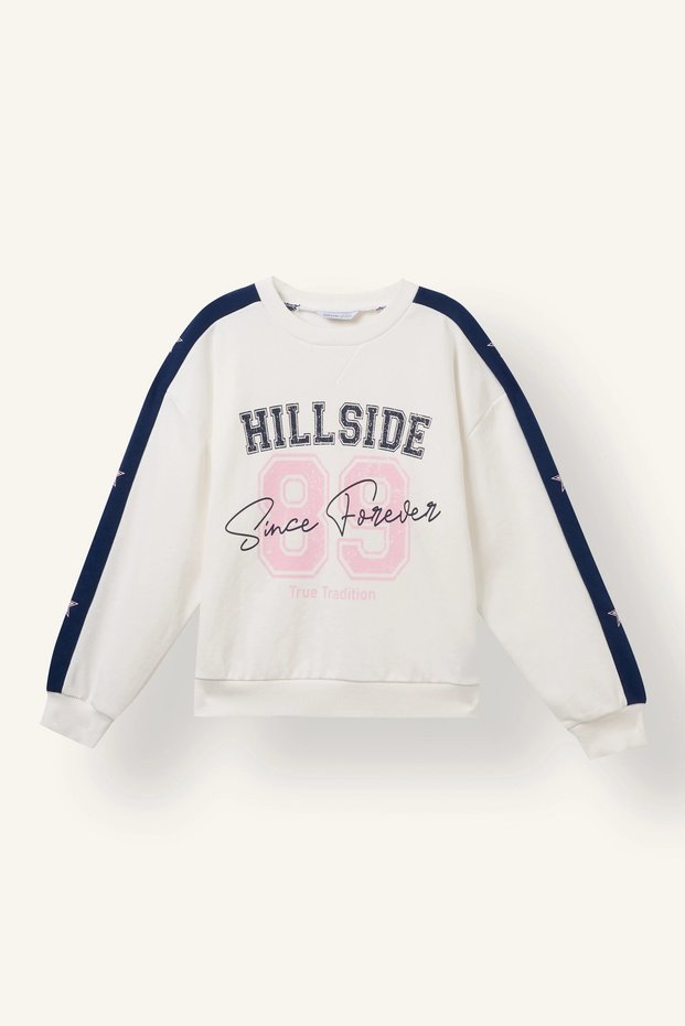 I7535A8ER105 Ecru Crew Neck Striped Printed Sweatshirt for Girls