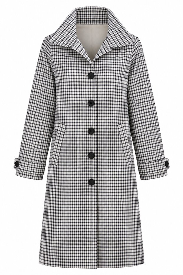 Black Gingham Straight-Cut Lined Midi Trench Coat