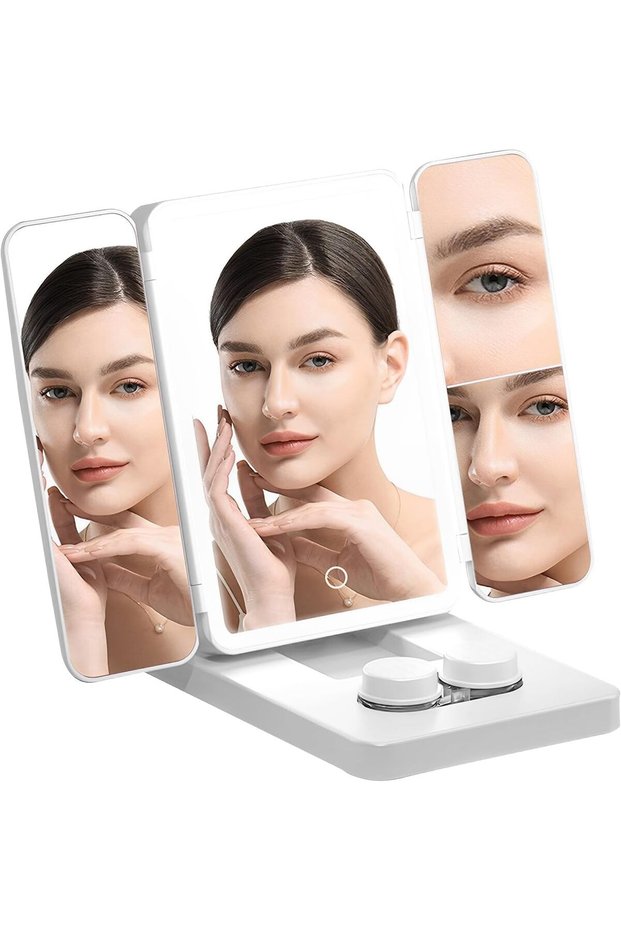 مرآة مكياج LED قابلة للطي مع منظف للعدسات اللاصقة، تحكم ذكي باللمس، إضاءة قابلة للتعديل
