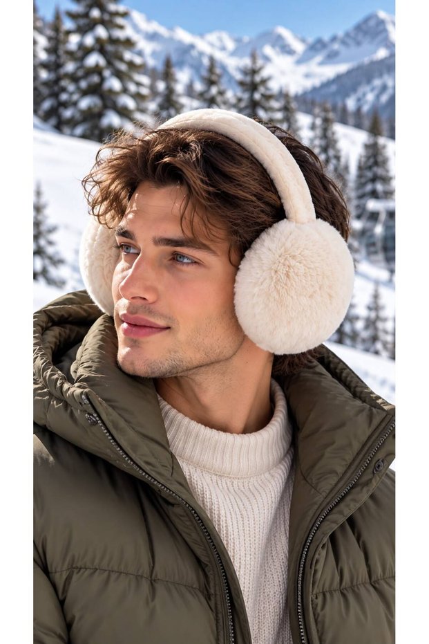 Beige Soft-Textured Plush Men's Headband Headphones