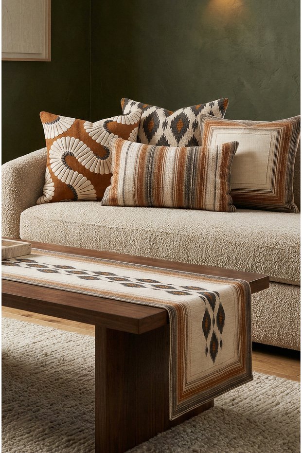 Digital Print Katrem Series: Set of 4 Cushion Covers and 1 Table Runner (5-Piece Set). Living Room Set: Reversible Cushion Covers