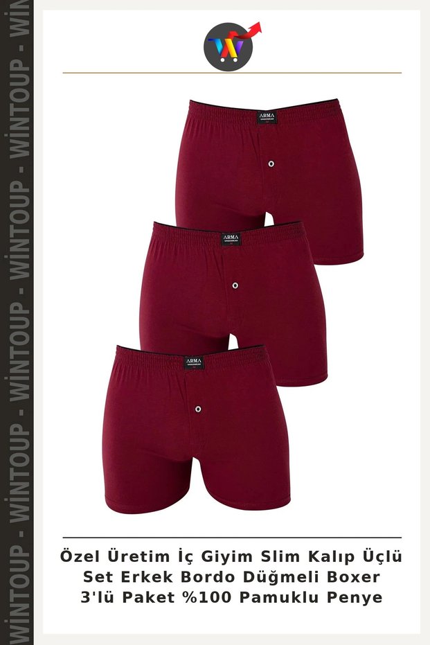Custom-Made Underwear, Slim Fit, 3-Piece Set, Men's Burgundy Button-Front Boxers, 3-Pack, 100% cotton jersey