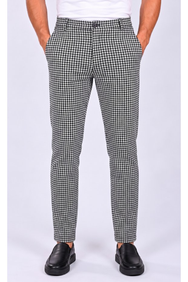 Men's Black and White Large-Checked Chef, Waiter, and Cook Pants with Side Elastic and Belt (203)