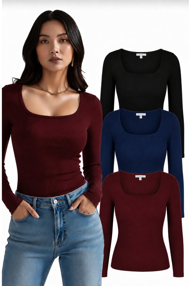 Set of 3 U-Neck Long Sleeve Ribbed Cotton Blouse T-Shirts