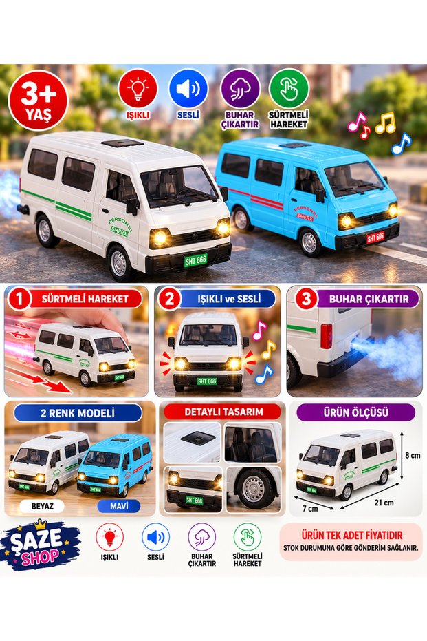 21 cm Push-Along Light-Up, Sound-Making, Steam-Emitting Toy Minibus – Moving Toy School Bus with Realistic Effects, Ages 3+