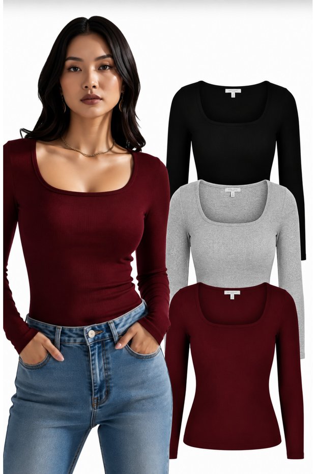 Set of 3 U-Neck Long Sleeve Ribbed Cotton Blouse T-Shirts