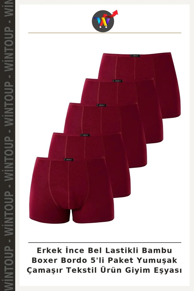 Men's Bamboo Boxers with Thin Elastic Waistband, Burgundy, 5-Pack—Soft Underwear, Textile Product, Clothing Item