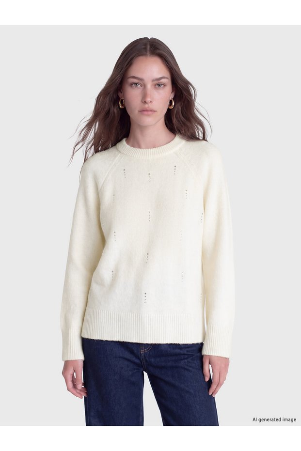 TWO MT SHOP QUALITY LCW Modest Ecru Oval-Neck Rhinestone Women's Knit Sweater