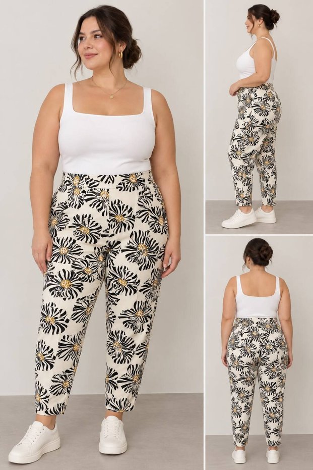 Plus-Size Floral Print Cuffed Pants