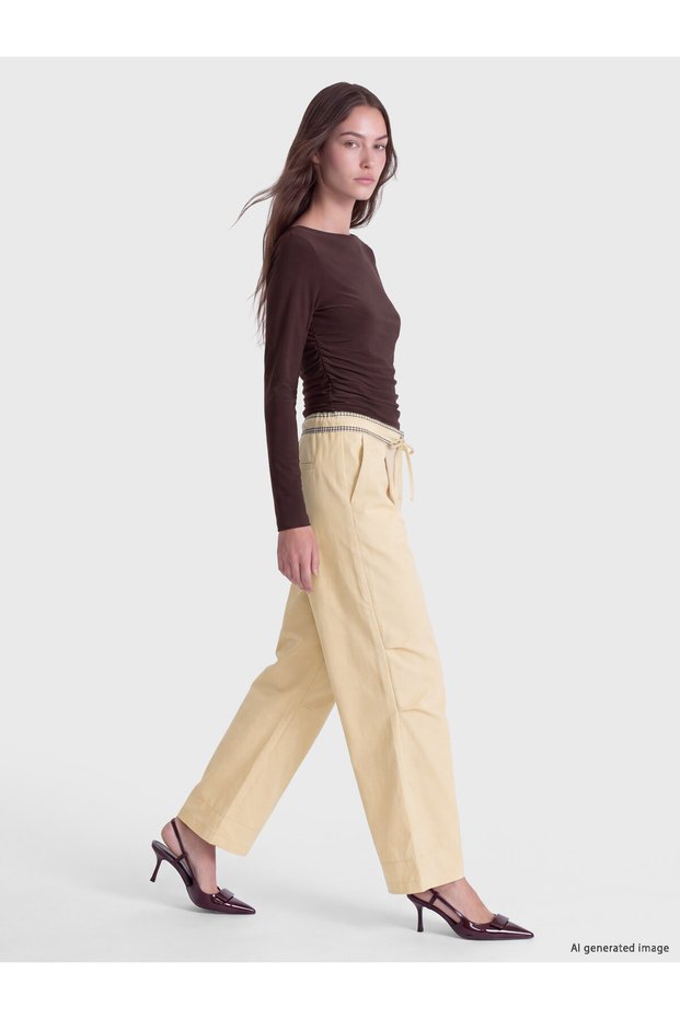 LCW Modest Green Gabardine Embroidered Comfort & Relax Wide-Leg Women's Pants, Featuring the ALITA CITY Touch