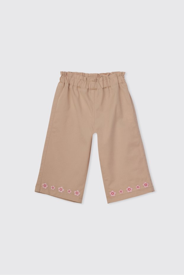 Girls' Embroidered Taupe Color Mink-Print Pants