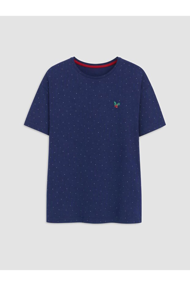 LCW DREAM Navy Blue Jersey Polka Dot Short-Sleeved Women's Pajama Top, Featuring the ALITA CITY Touch
