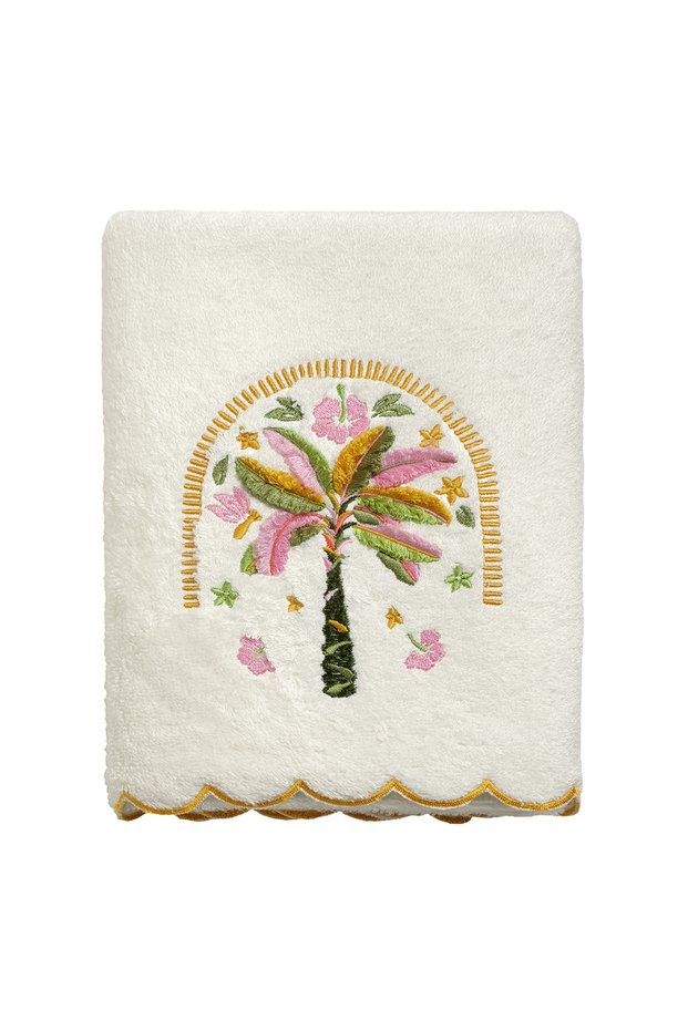 Palmira Bamboo Palm Embroidered 2-Piece Towel Set, Ecru, 50x90, Ecru
