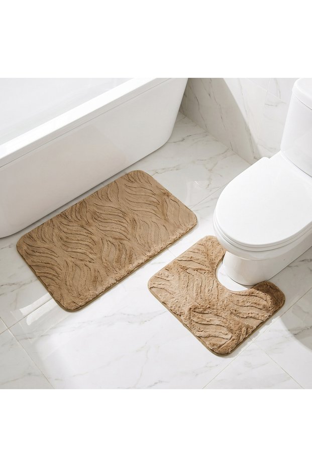 Textured 2-Piece Rabbit Fur Bath Mat Set