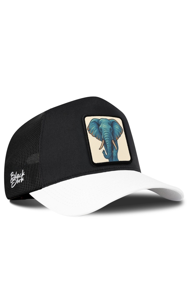 White and Black Trucker Cap with an Elephant Logo