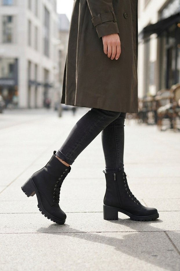 Women's Black Thick Heel Lace-Up Boot with Zip and Cuff, Textured Sole