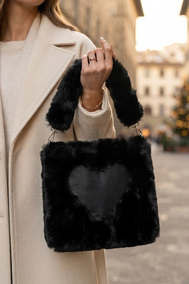 Black Plush-Patterned Square Women's Clutch Bag