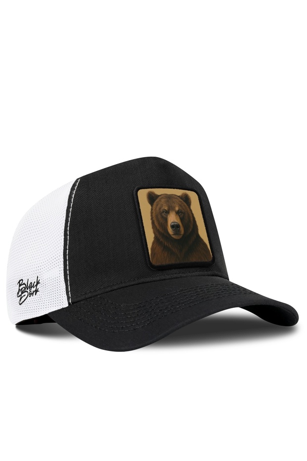 Black-and-White Cordura Trucker Cap with Bear Logo