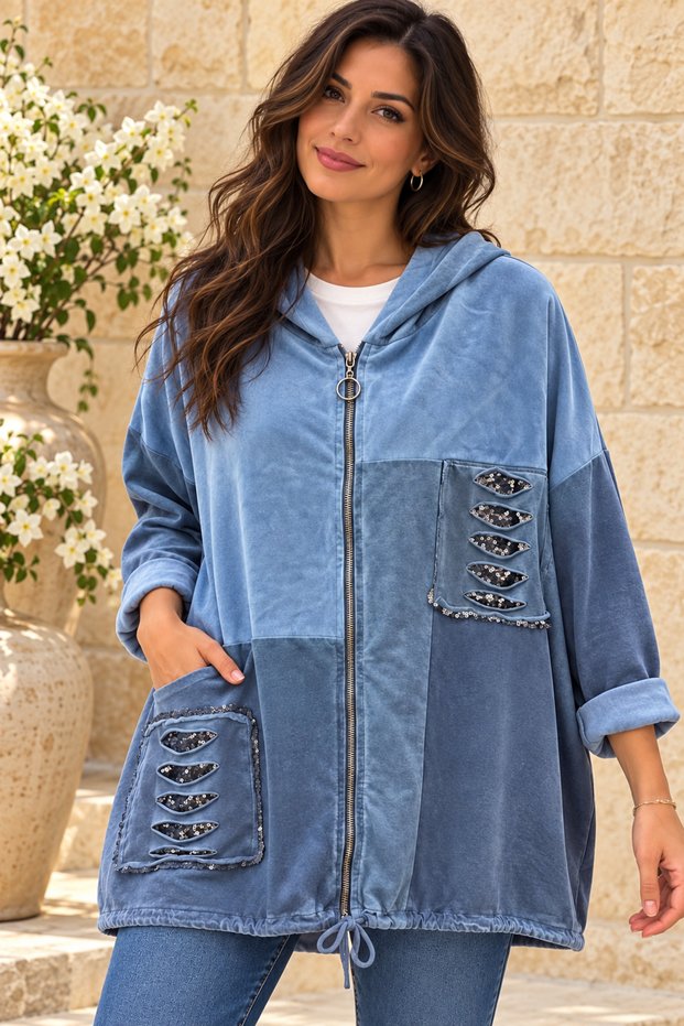 Women's Italian Suede Plus-Size Sequin-Embellished Hooded Zipper Jacket, Sizes 46–54