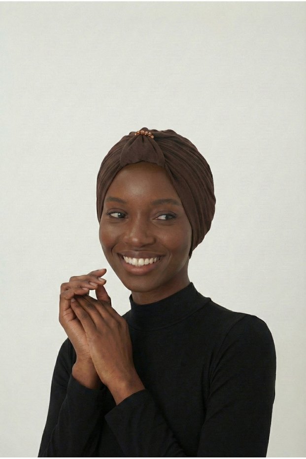 Crystal Butterfly Stone Embroidered Ribbed Lined Brown Ready-To-Wear Turban Hijab Evening Dress Bonnet