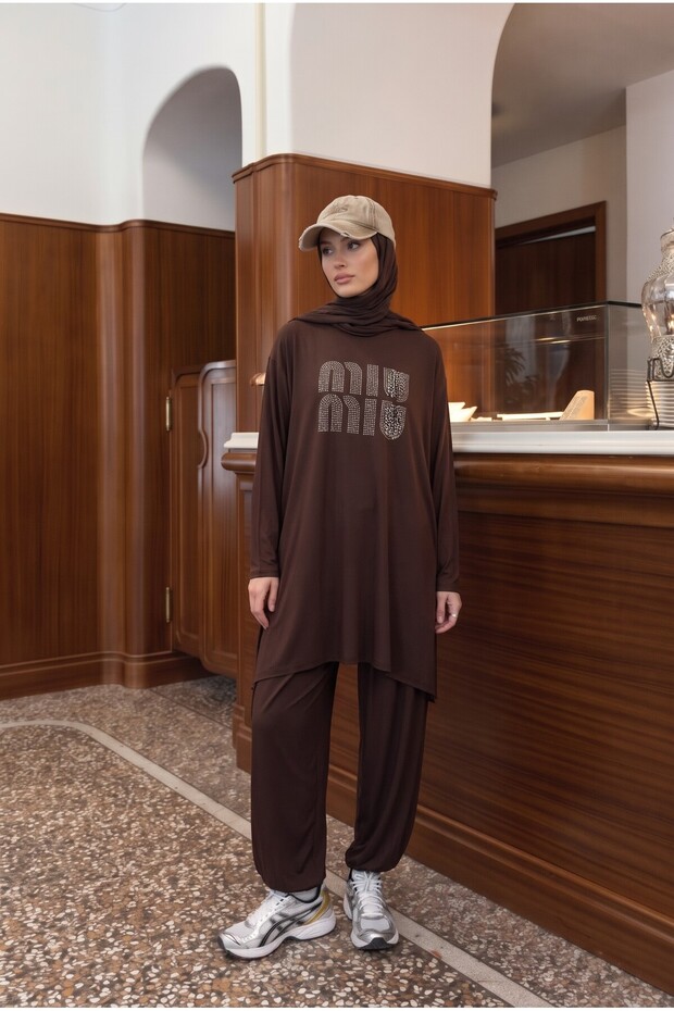 Women's Brown Stretch Fabric Tunic with Stone-Embellished Design, 90 cm, Cotton Jersey Stretch Tunic CODE:JS26PENYETNK-M