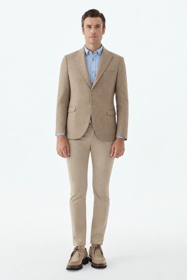 Beige Slim Fit Jacket, Pointed-Collar Plaid Jacket