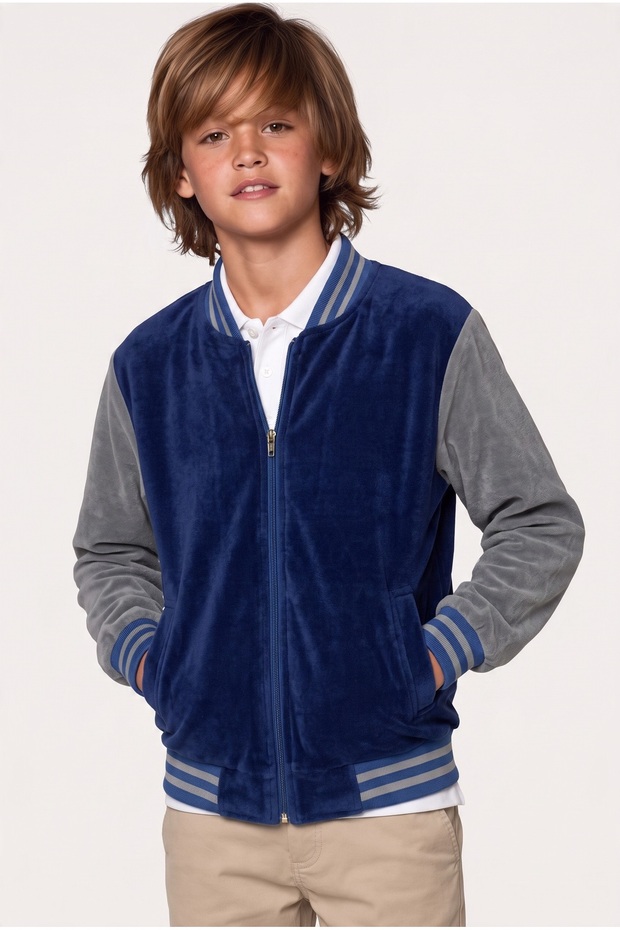 School Standard Fit Fleece-Lined Navy Blue and Gray Striped Zip-Up Cardigan, Unisex, Kids