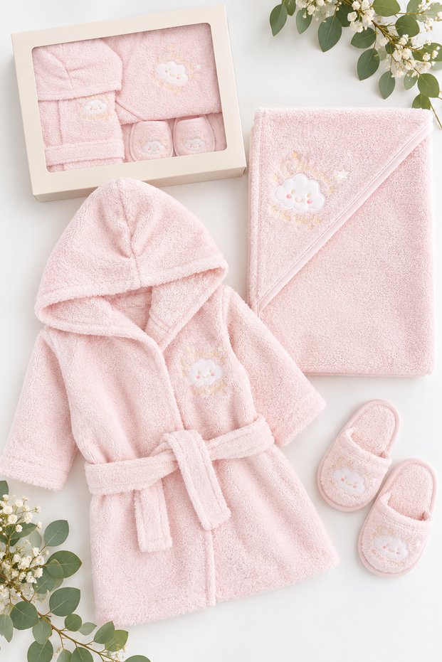 100% Cotton Baby Robe Set with Hood, Cute Cloud Embroidered Design, Ages 0–2: Towel and Slippers Set