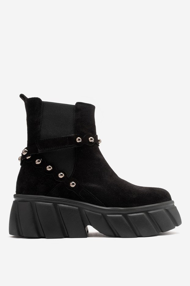 Women's Thick Sole Chelsea Boots with Belt Detail, Genuine Suede Leather, NYRA SUEDE BLACK