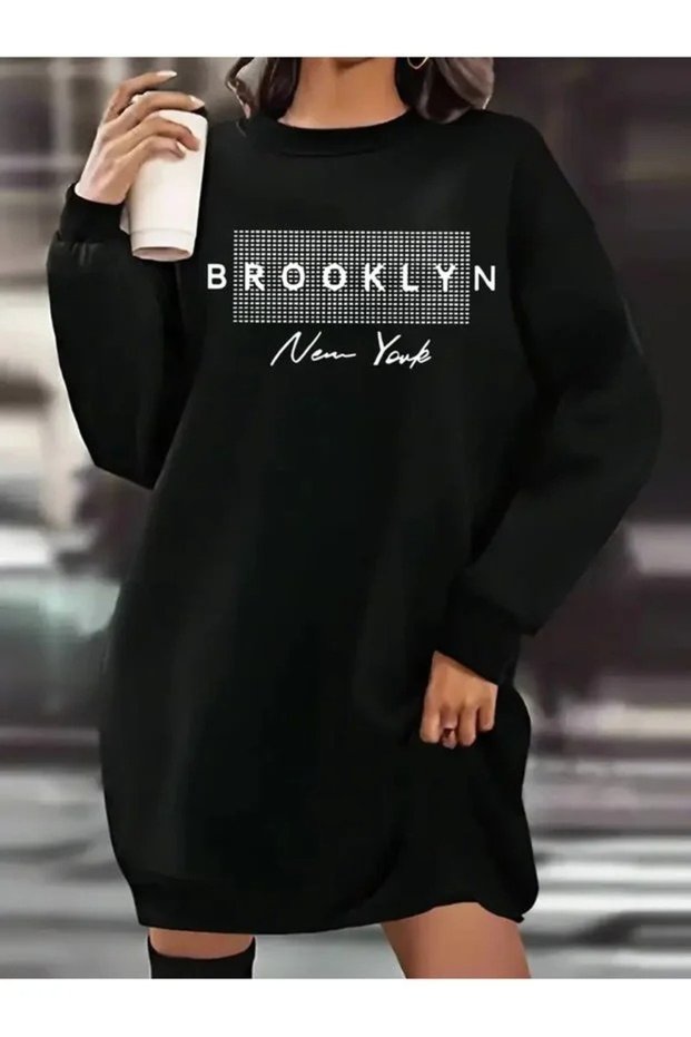 Black Long-Sleeved, 90 cm Printed Oversized Tunic with Brushed Inside