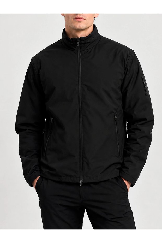 Men's Polyester-Padded, Zippered, Long-Sleeved Black Jacket