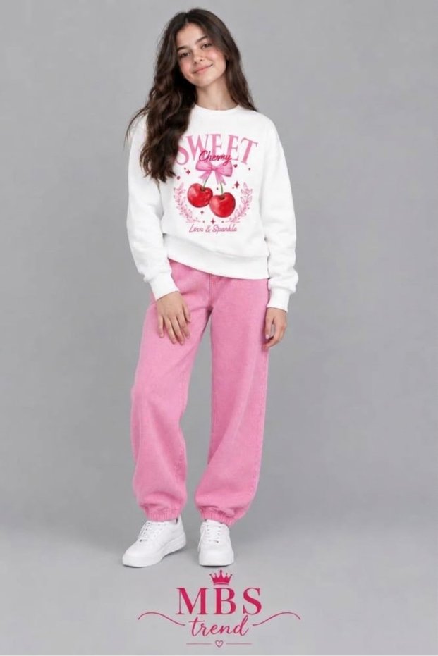 Winter Girls' White Cherry-Printed Crew-Neck Sweatshirt & Pink Elasticated Hem Pants Set
