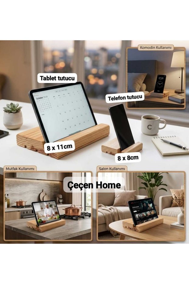 2-Piece Wooden Phone and Tablet Holder, Decorative Natural Pine Wood Phone Stand, Compact Desktop Phone and Tablet Stand, Gift-Worthy Phone Holder for the Office and Kitchen