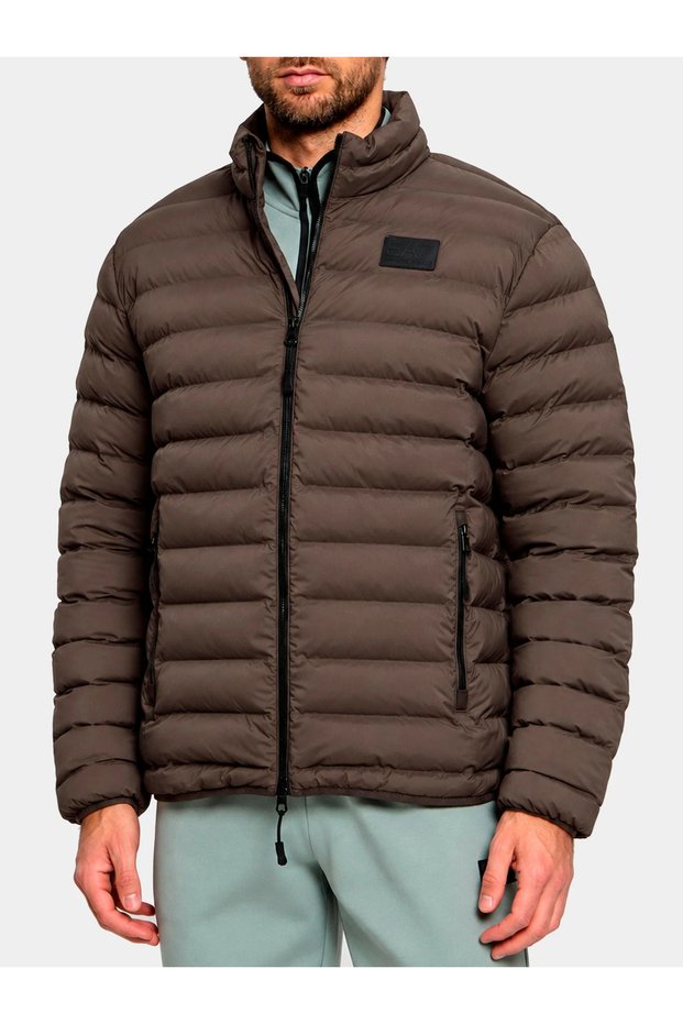 Men's Regular Fit, Mock Neck, Zipper-Front, Quilted Patterned, Long-Sleeved Brown Jacket