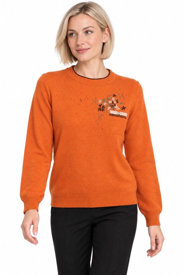 Women's Crew-Neck Wool Sweater embellished with stones on the chest, Orange