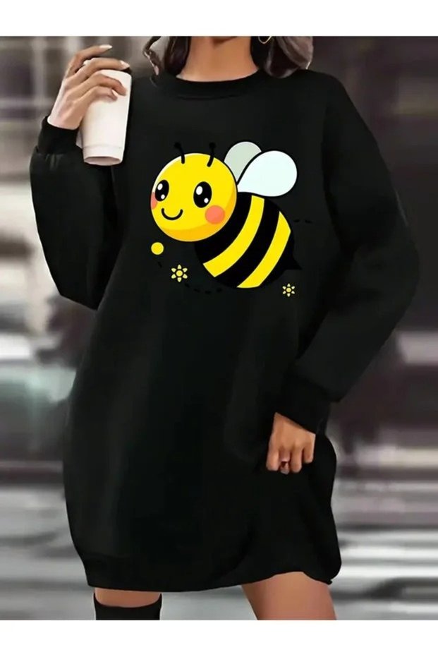 Black Long-Sleeved, 90 cm Printed Oversized Tunic with Brushed Inside