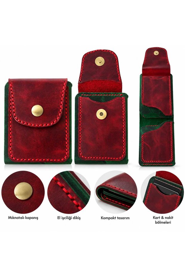 Retro Genuine Leather Handmade Unisex Wallet – Burgundy & Green, Classic Design