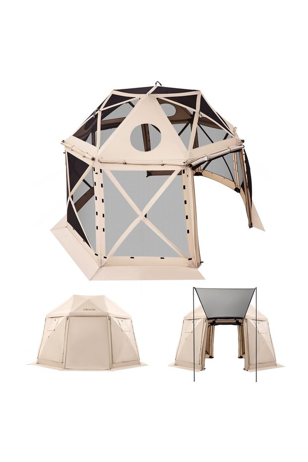 Cort tip gazebo cu montare rapidă, Dimensiuni produs: 12 x 3,66 m, Culoare: bej, Număr model: YR12 x 12Beige-13, Formă: sferă cu 13 laturi, Dimensiuni: 3,6 x 3,6 x 2,26 m