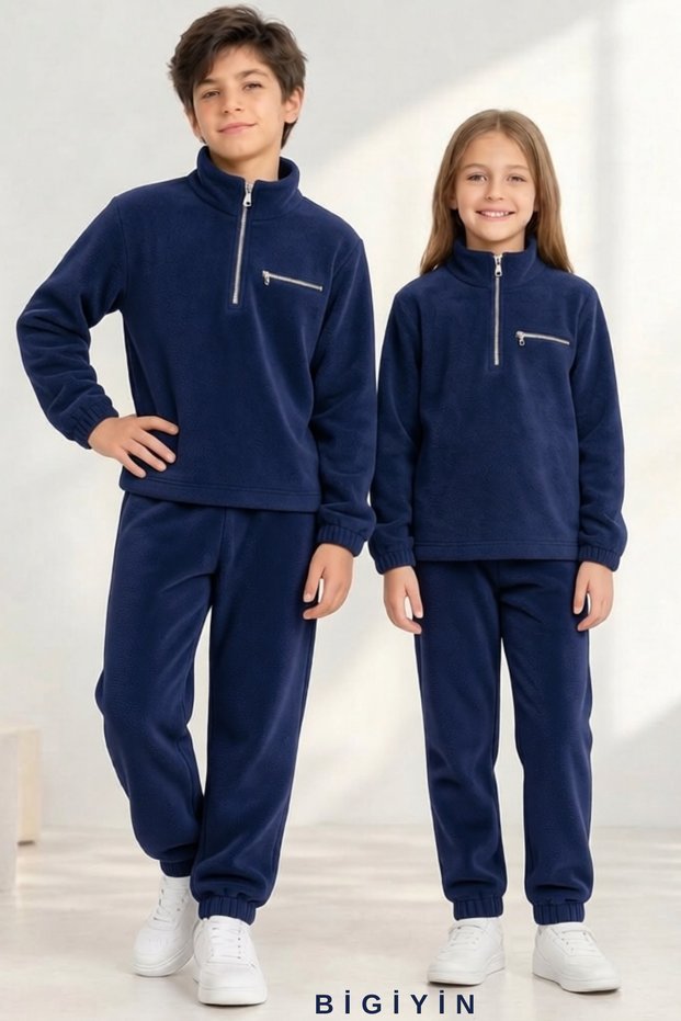 Girls', Boys', and Unisex Kids' Navy Blue Fleece Sweatsuit Set; Fleece Winter Set for Ages 7–8 / 15–16